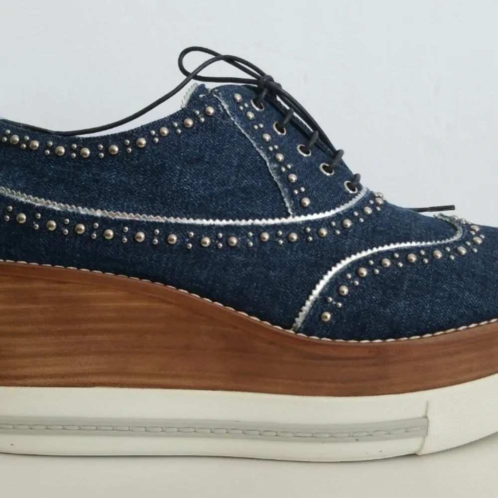 Miu Miu RARE DENIM PLATFORM Studded Wingtip Oxfords SNEAKERS  SHOES 7.5